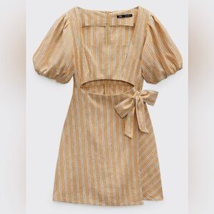 Zara linen mini dress puff sleeves square neckline XS